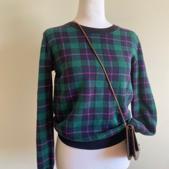 J.Crew Teddie Sweater XS • Cotton Crewneck • Preppy Plaid Green Blue Pink - Picture 1 of 9